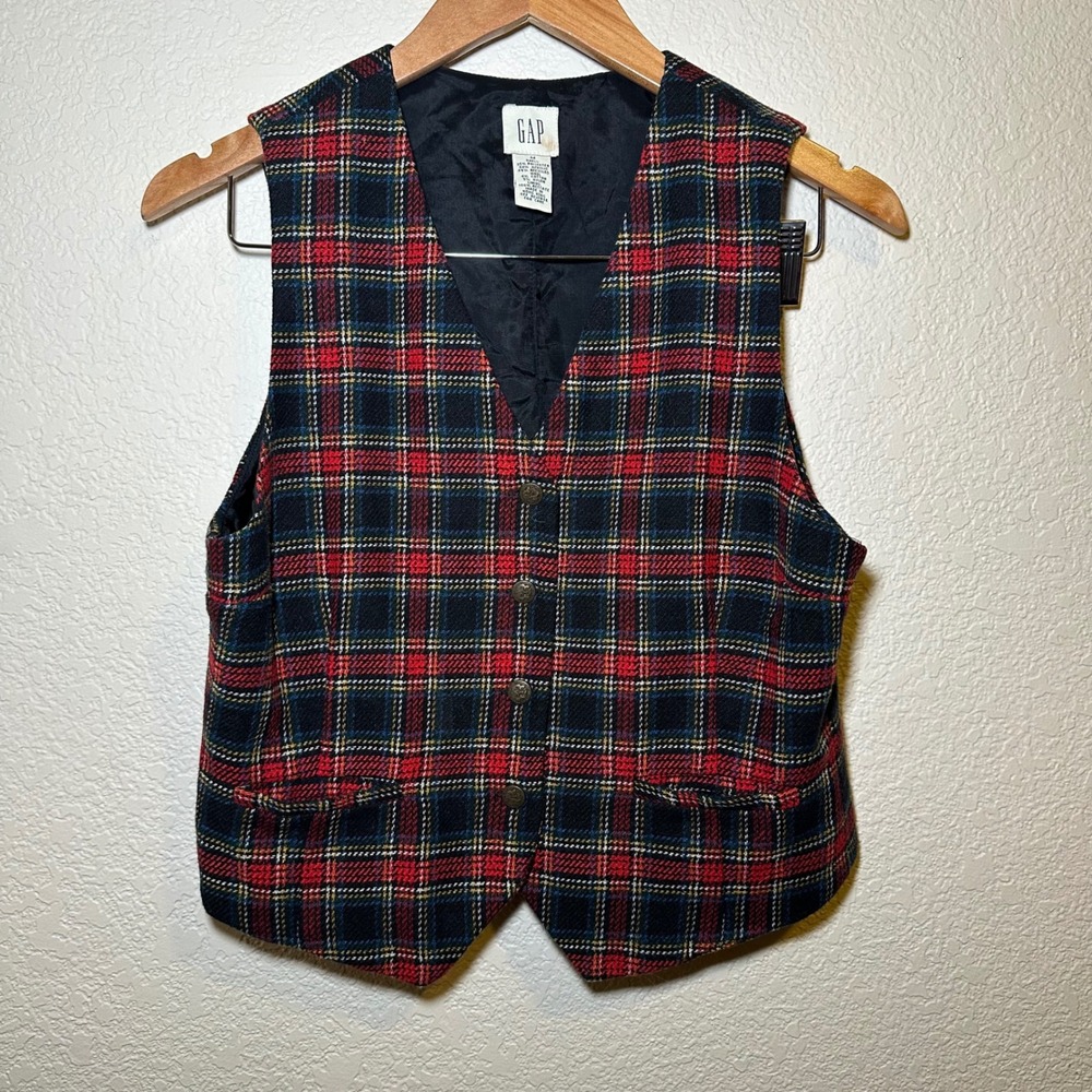 VTG GAP Womens M Vest Tartan Plaid Wool Blend 90s‎ Y2K Preppy Academia Heritage